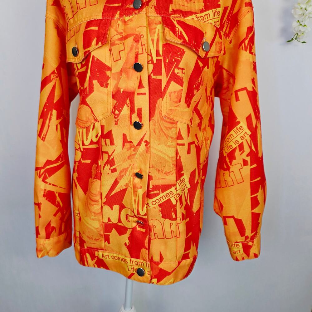 Artsy Graffiti Jacket Large Orange Art is Life Button Front Pop Streetwear Shein - Picture 6 of 14